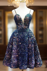 Sequins V-Neckline Short Straps Homecoming Dresses, Short Sequins Evening Prom Dresses